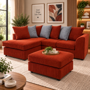 Dylan Jumbo Cord Scatter Back Left Hand Facing Corner Sofa with Patterned Cushion and Footstool