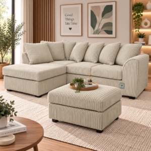Dylan Jumbo Cord Simple Cushion Scatter Back Left Hand Facing Corner Sofa and Footstool