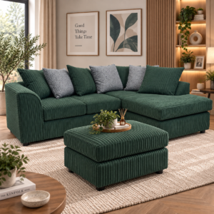Dylan Jumbo Cord Scatter Back Right Hand Facing Corner Sofa with Patterned Cushion and Footstool