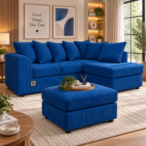 Dylan Jumbo Cord Simple Cushion Scatter Back Right Hand Facing Corner Sofa and Footstool